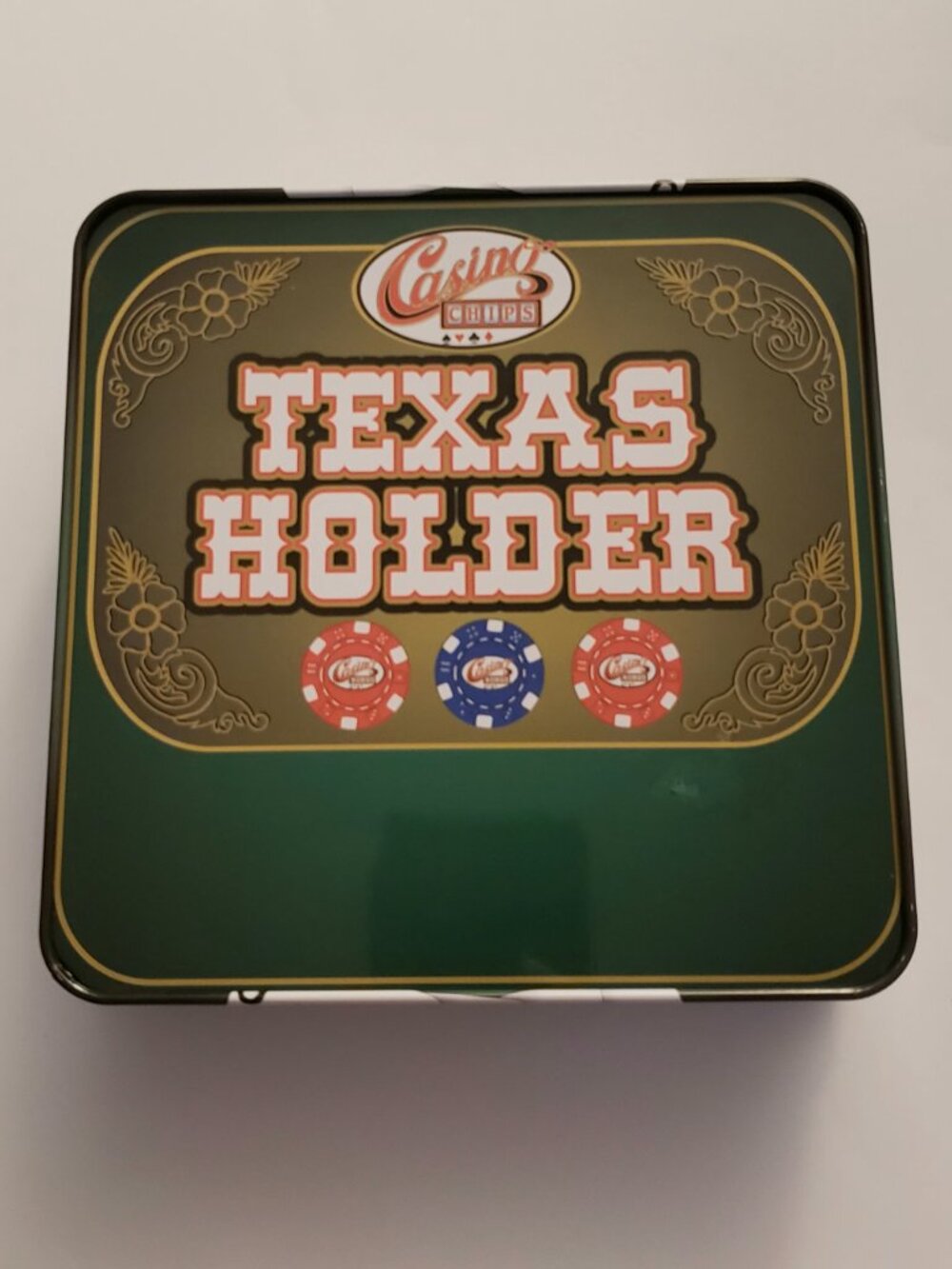 96 Poker Chips 3 Color Set Embossed Texas Holder Metal Tin Blue Green White - Picture 9 of 16